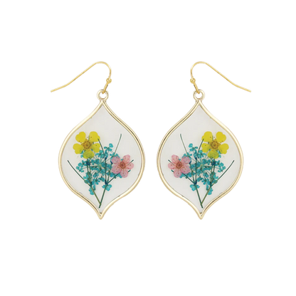 Yellow and Pink Pressed Flower Marquise Dangle Earrings