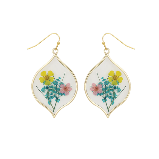 Yellow and Pink Pressed Flower Marquise Dangle Earrings