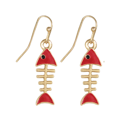 Gold Enamel Fishbone Dangle Earrings