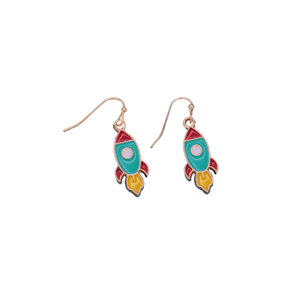 Blast Off Gold Enamel Rocket Dangle Earrings