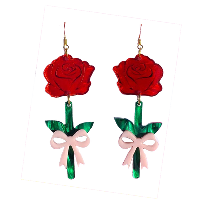 Roses with Bows Dangle Earrings