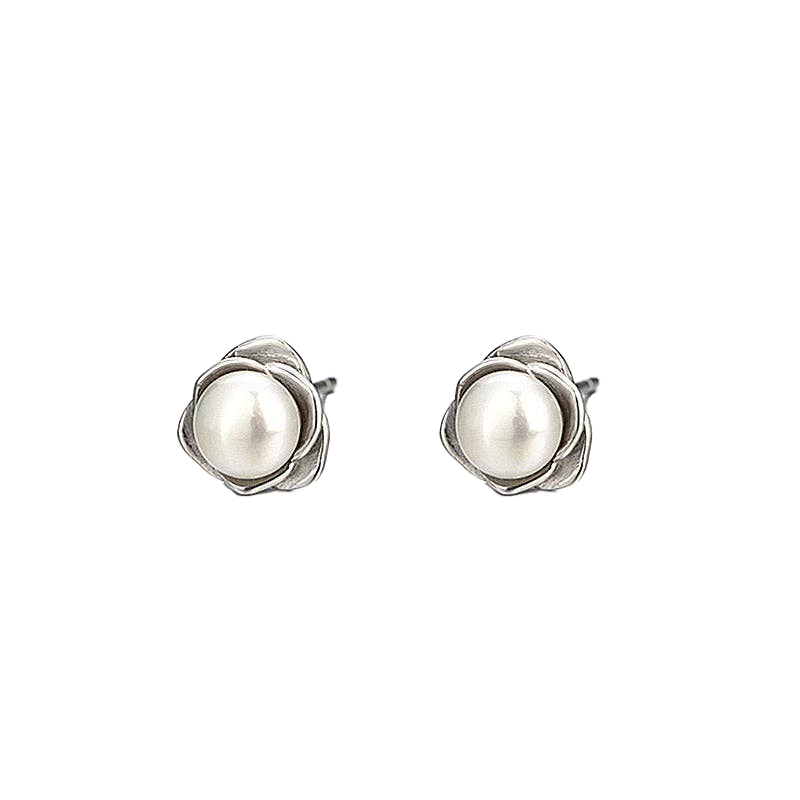 Rose Flower Pearl Post Earrings