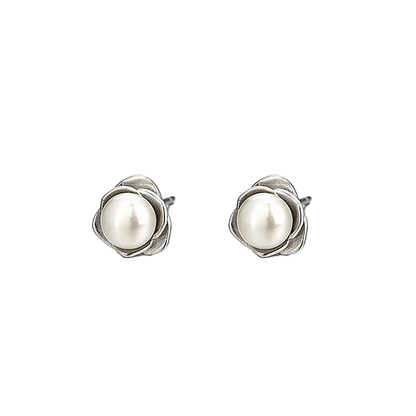 Rose Flower Pearl Post Earrings