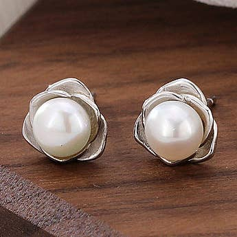 Rose Flower Pearl Post Earrings