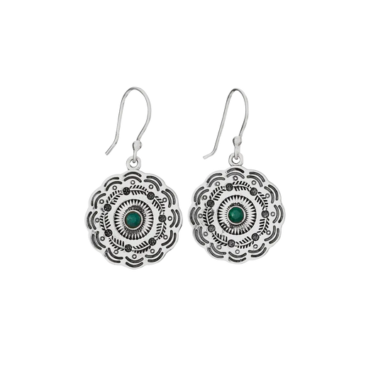 Scalloped Edge Emerald and Sterling Silver Dangle Earring