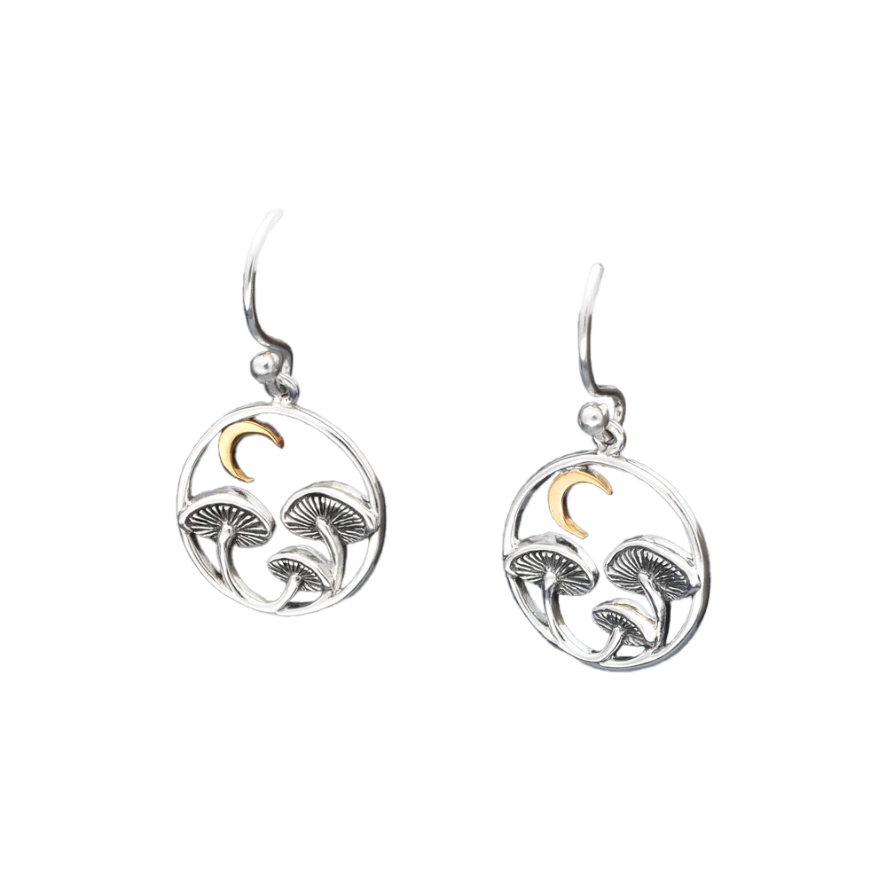 Silver Mushroom with Bronze Moon Dangle Earrings