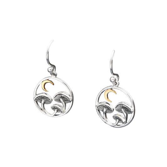 Silver Mushroom with Bronze Moon Dangle Earrings