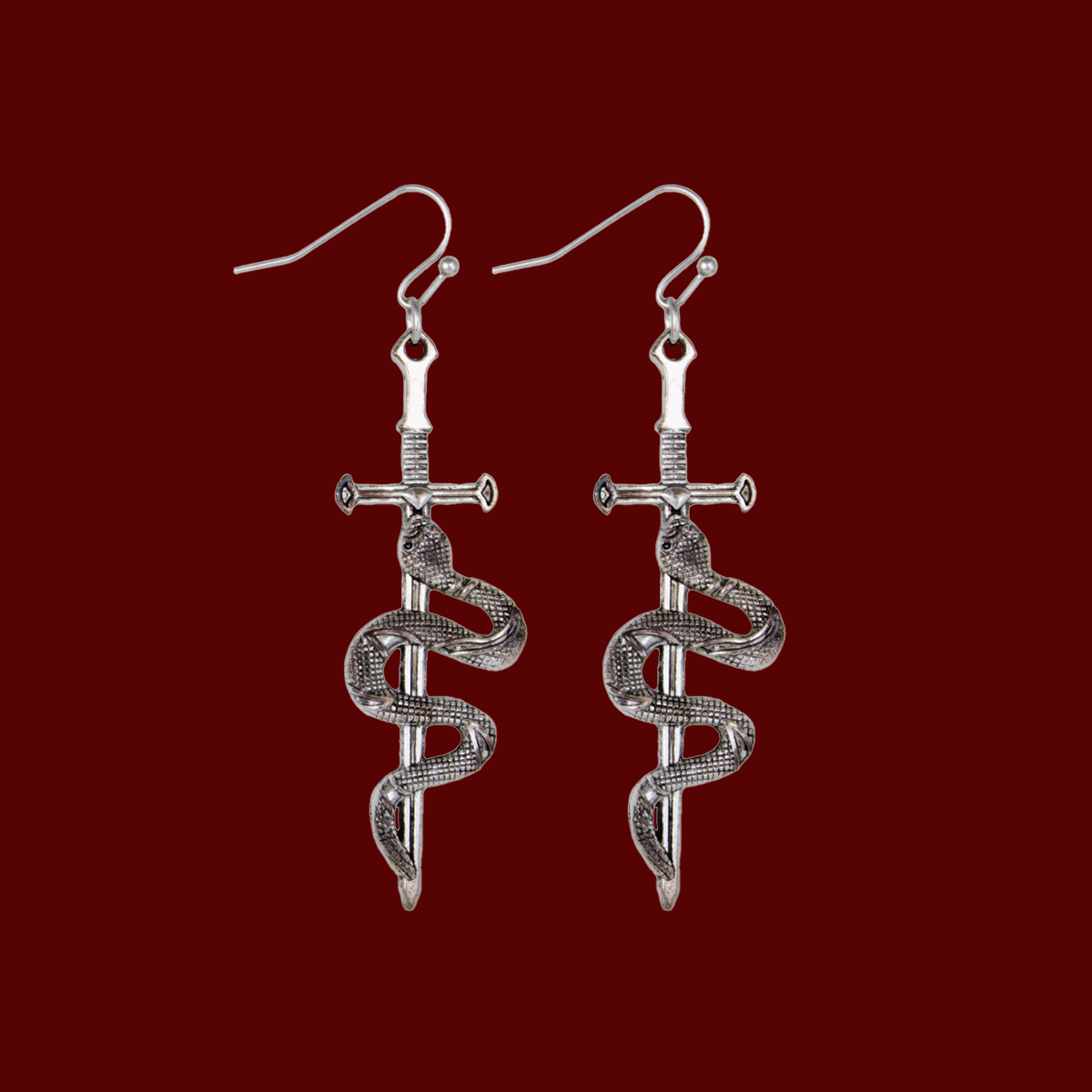 Silver Slithering Snake Sword Dangle Earrings