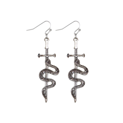 Silver Slithering Snake Sword Dangle Earrings