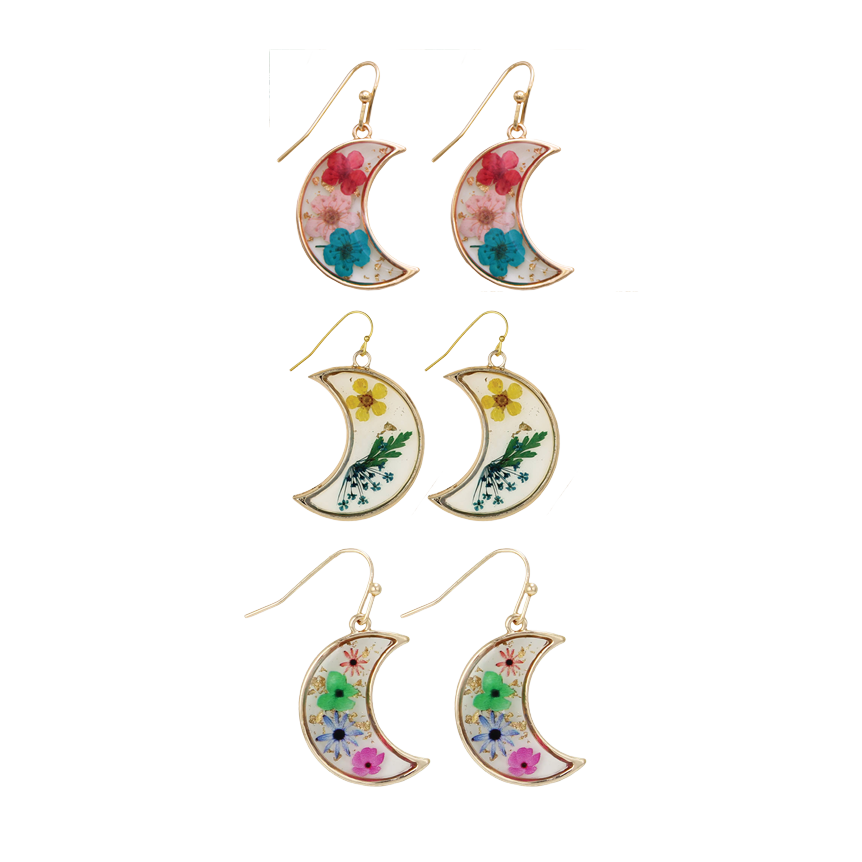 Moon Pressed Flower Dangle Earrings
