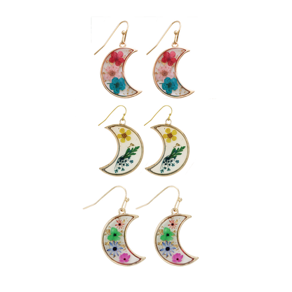 Moon Pressed Flower Dangle Earrings
