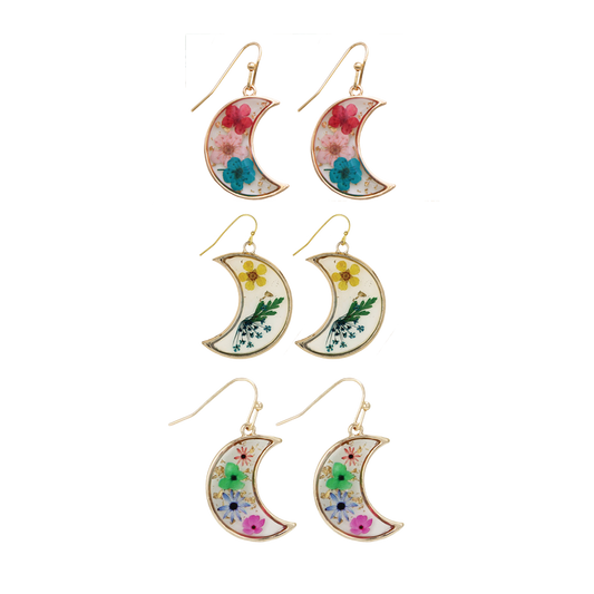Moon Pressed Flower Dangle Earrings