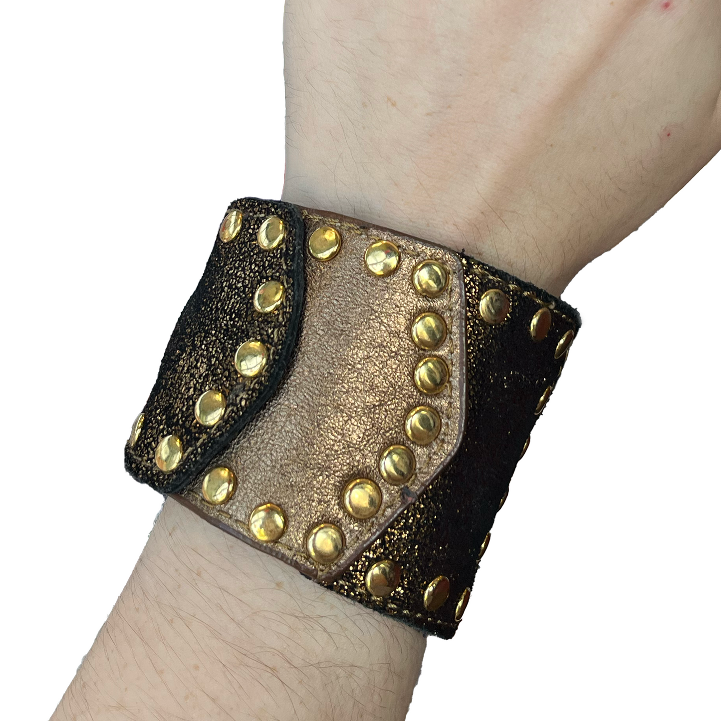 Bad Ass-n-Bougie Bronzed Studded Up-cycled Leather Cuff