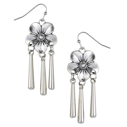 Spring Rain Silver Flower Drops Dangle Earrings