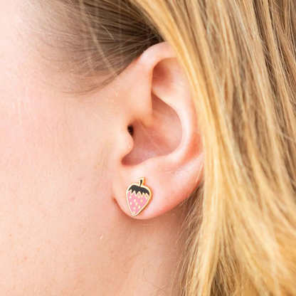 Pink Strawberry Enamel Post Earrings