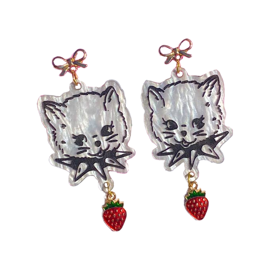 Strawberry Kitten Dangle Earrings