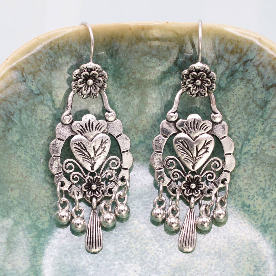 Southwest Silver Floral Dangle Earrings