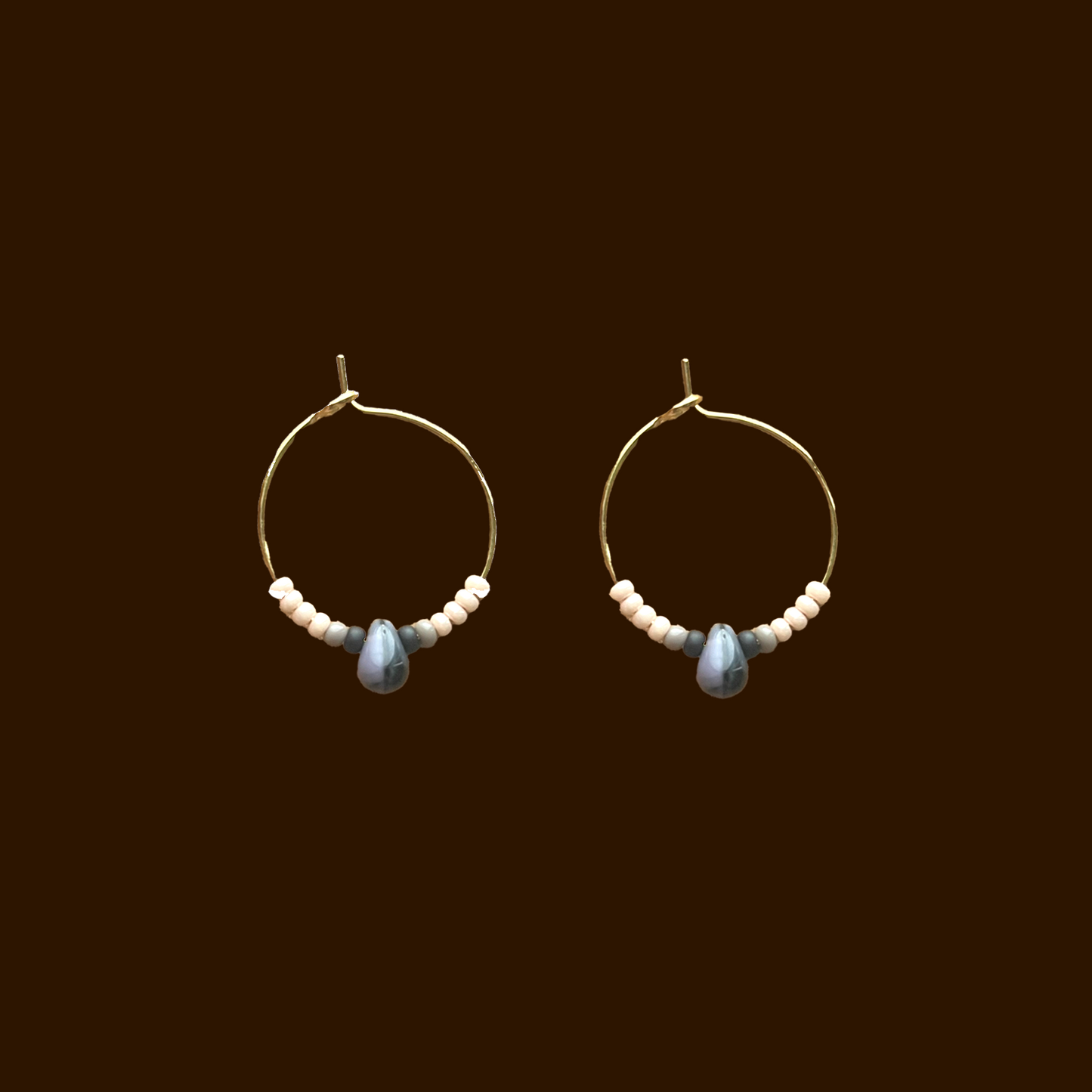 Teardrop Black and Tan Beaded Hoops