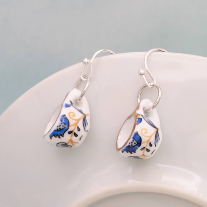 Blue and Yellow Ceramic Teacup Dangle Earrings