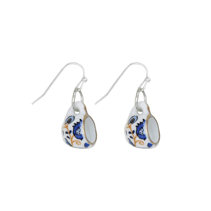 Blue and Yellow Ceramic Teacup Dangle Earrings