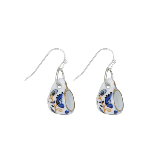 Blue and Yellow Ceramic Teacup Dangle Earrings