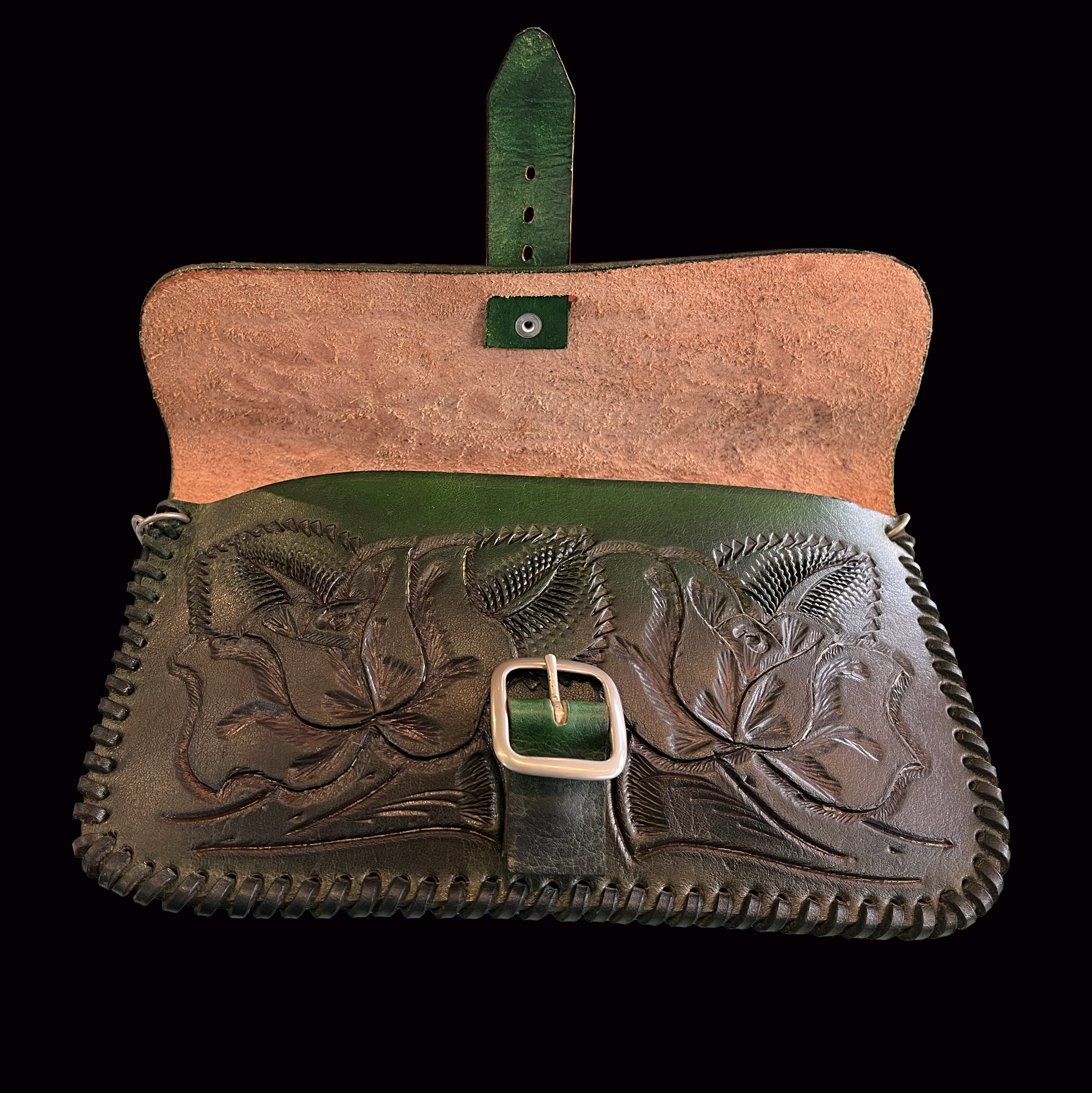 Snap Button Closure Smokey Green Croco Print Leather Ladies Hand Bag