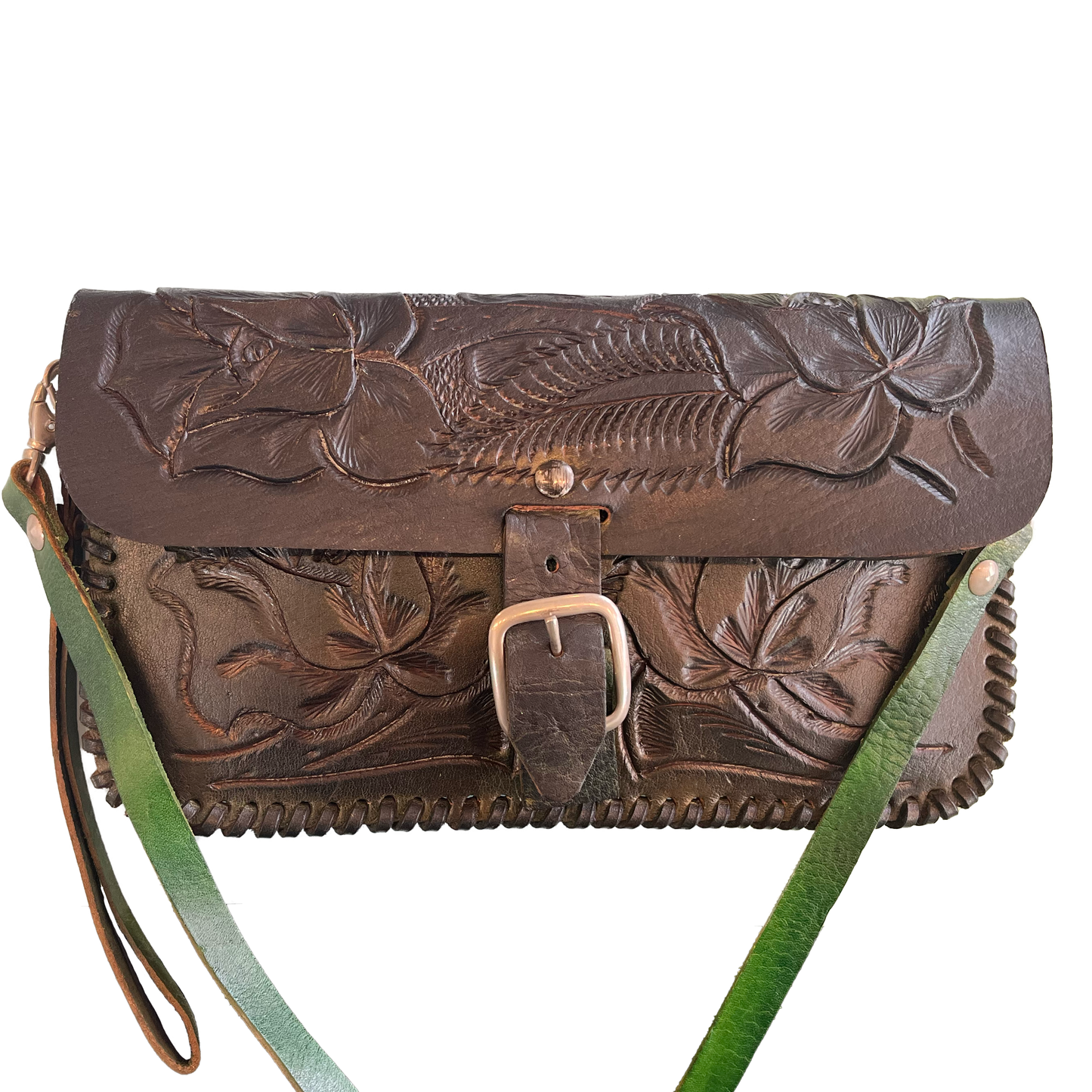 Green Ombre Hand-Tooled Leather Purse