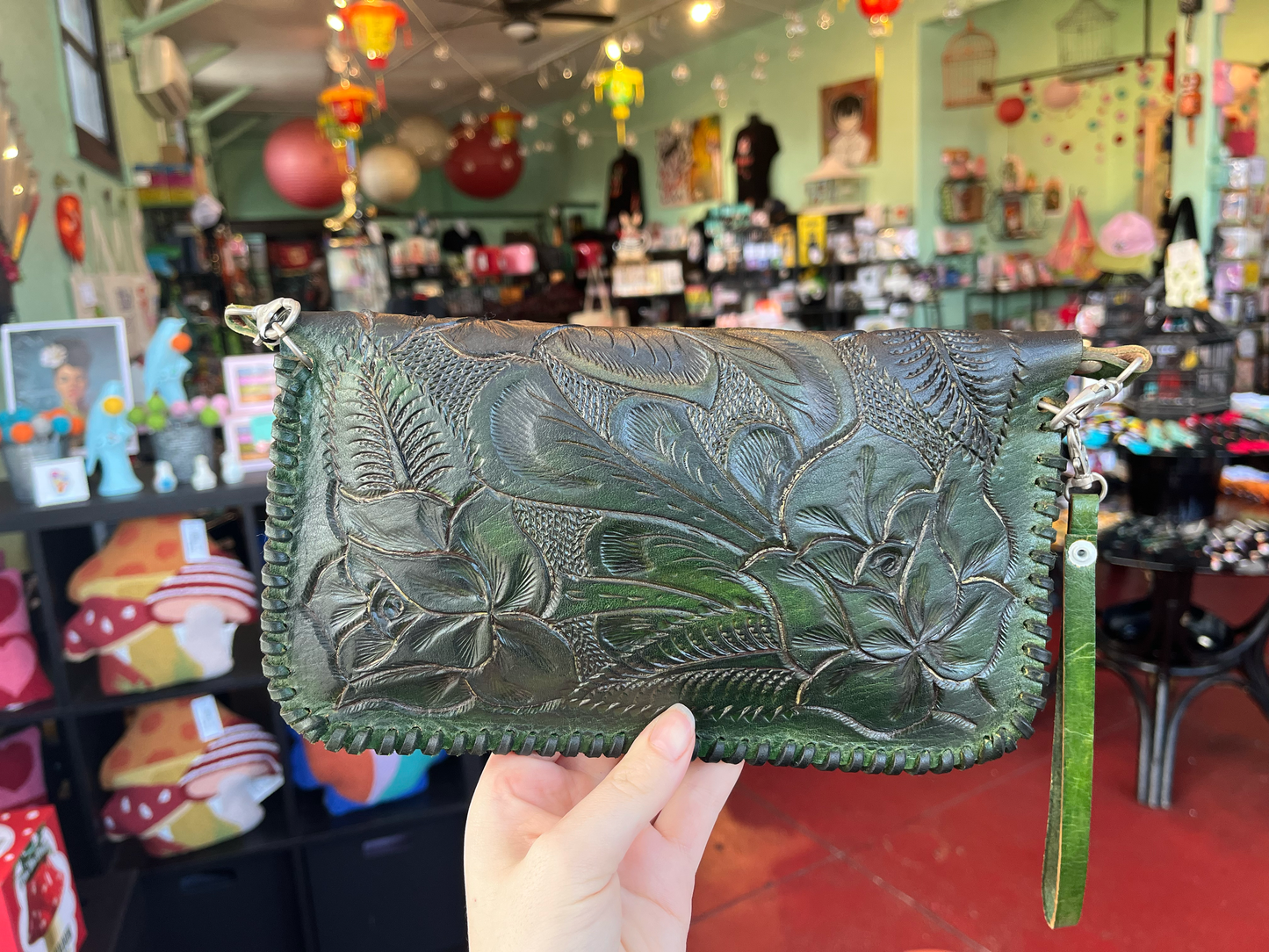 Green Ombre Hand-Tooled Leather Purse