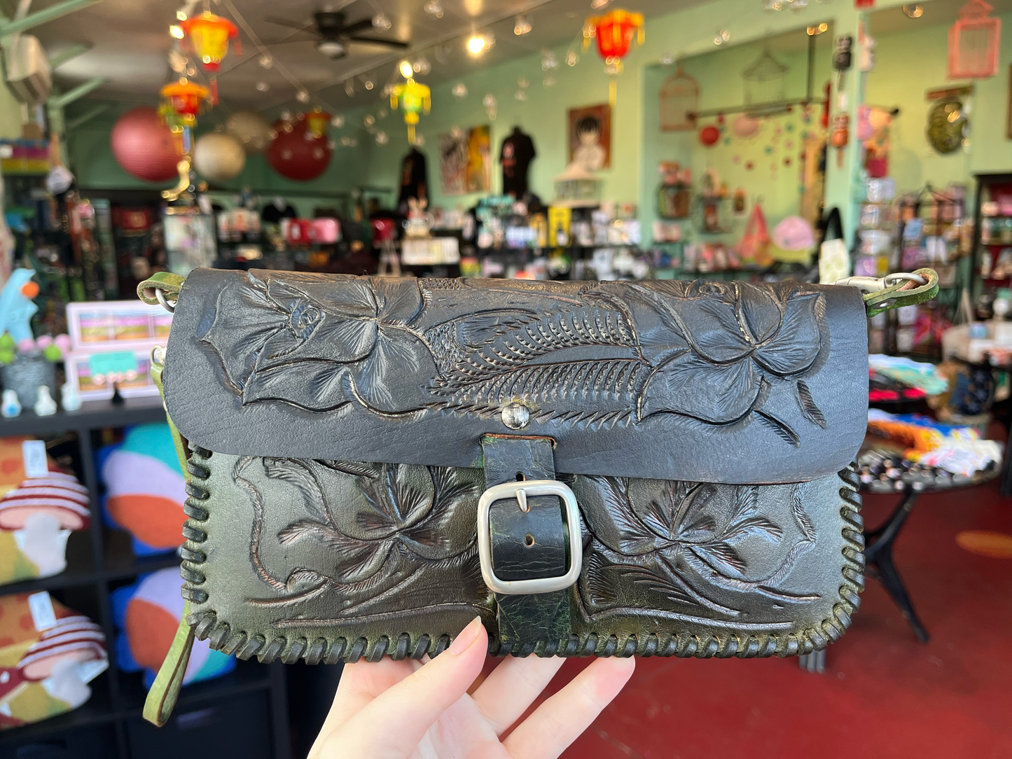 Green Ombre Hand-Tooled Leather Purse