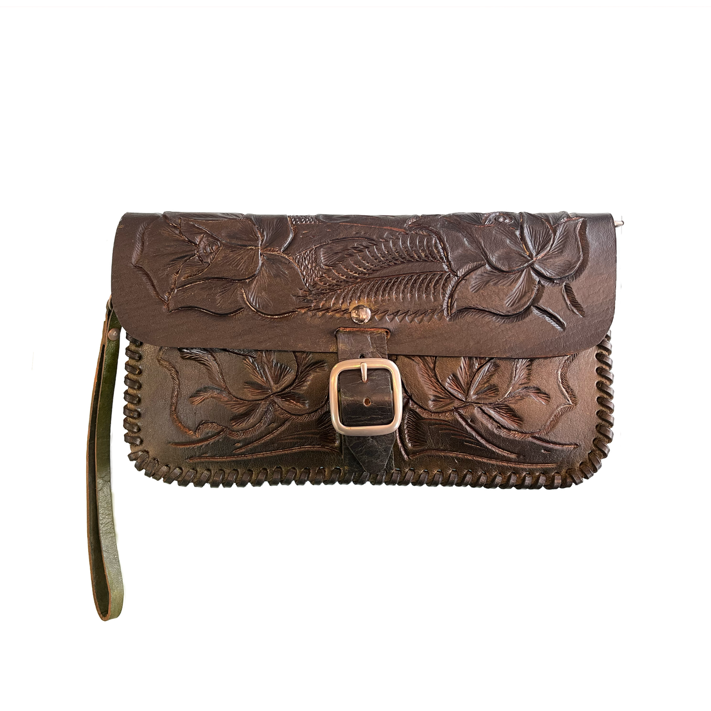 Green Ombre Hand-Tooled Leather Purse