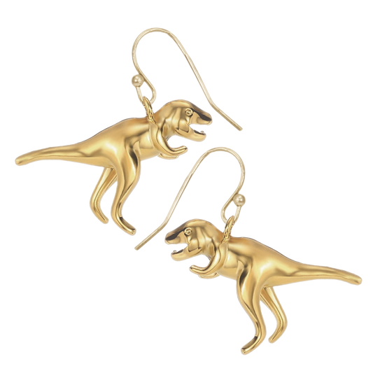 Prehistoric Times Gold T-Rex Dangle Earrings