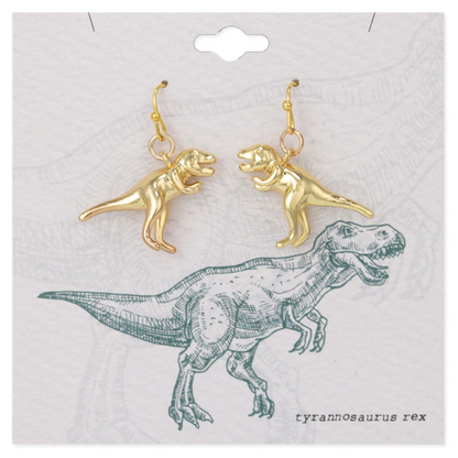 Prehistoric Times Gold T-Rex Dangle Earrings