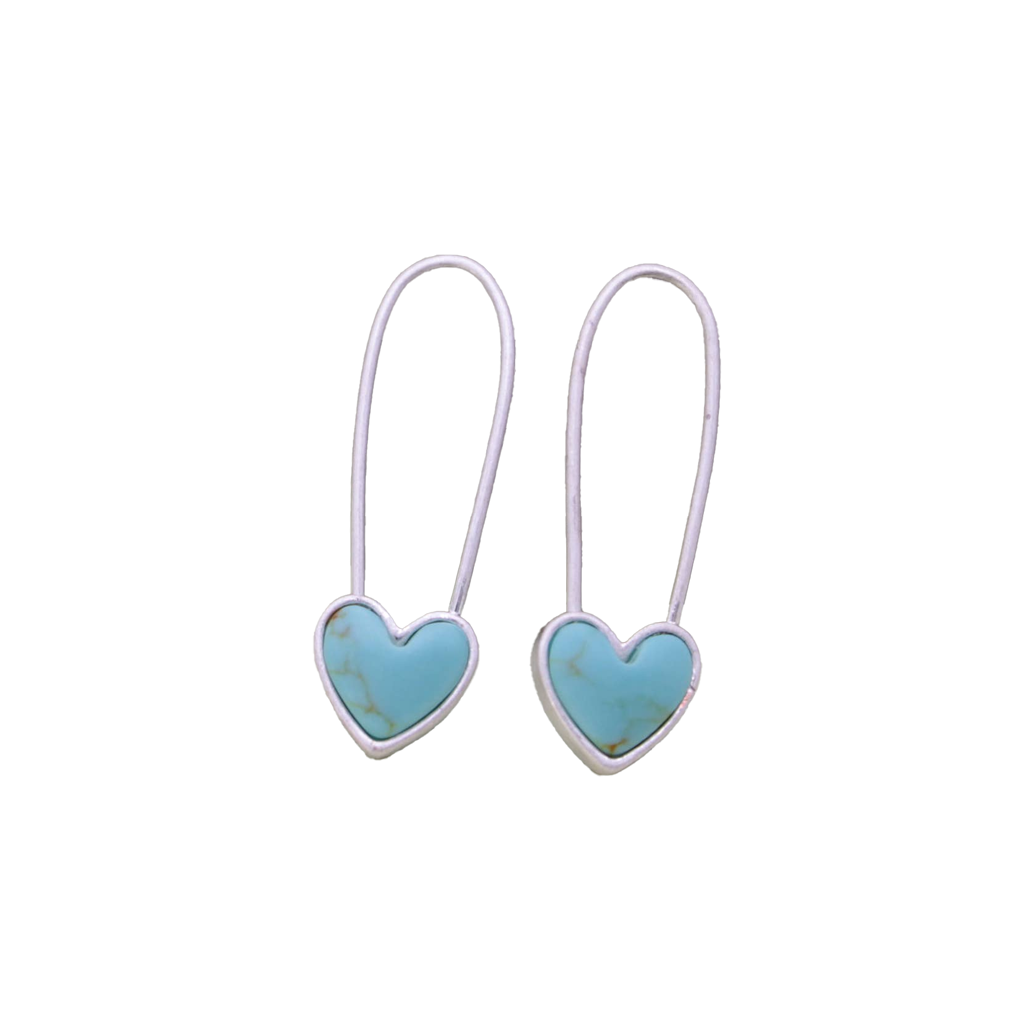 Turquoise Heart Silver Safety Pin Earring