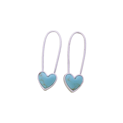 Turquoise Heart Silver Safety Pin Earring