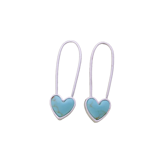 Turquoise Heart Silver Safety Pin Earring