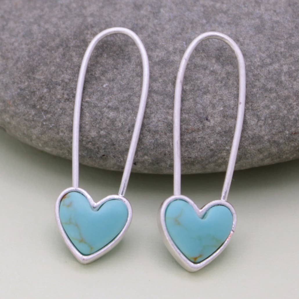 Turquoise Heart Silver Safety Pin Earring