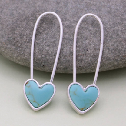 Turquoise Heart Silver Safety Pin Earring