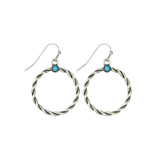Twisted Silver Circle Turquoise Dangle Earrings