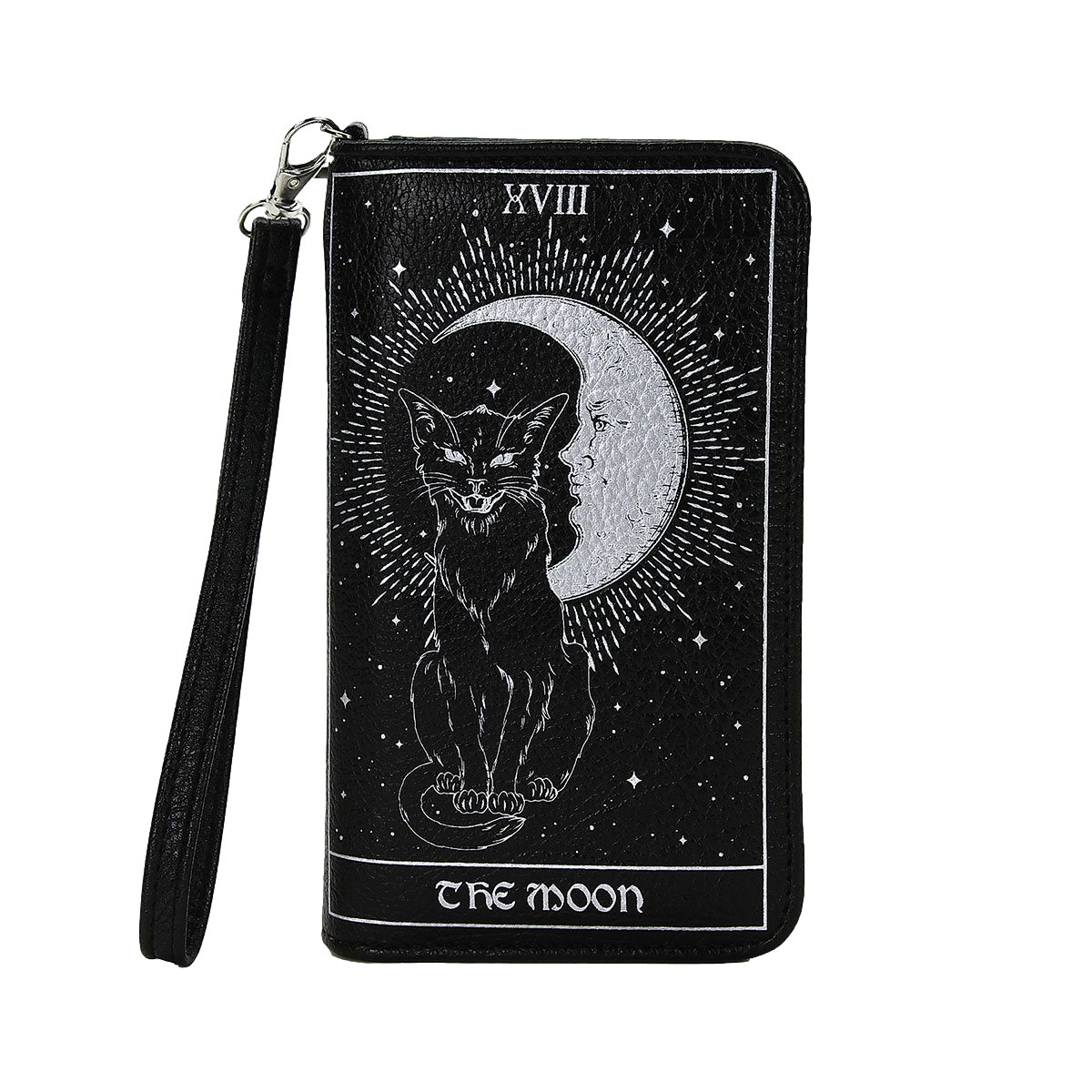 Vinyl tarot card wallet featuring The Moon card with a black cat sitting in front of a crescent moon surrounded by rays