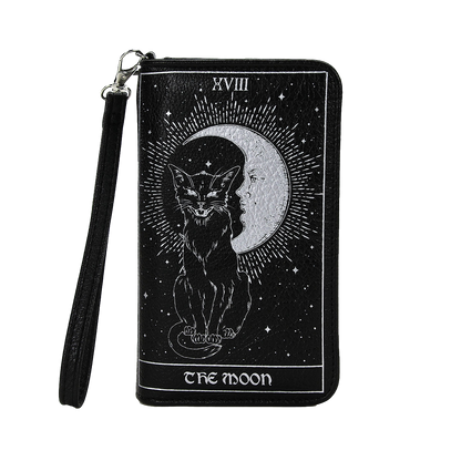 Vinyl tarot card wallet featuring The Moon card with a black cat sitting in front of a crescent moon surrounded by rays