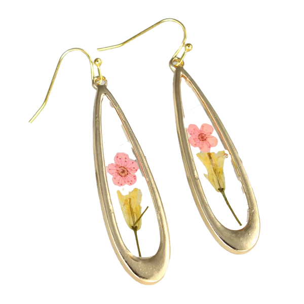 Pressed Flower Pink Long Teardrop Earrings