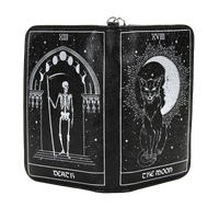 Black vinyl tarot card wallet featuring The Moon card with a cat sitting in front of the moon and the Death card with a skeleton holding a scythe beneath an archway 