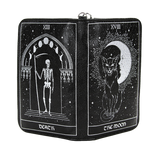 Black vinyl tarot card wallet featuring The Moon card with a cat sitting in front of the moon and the Death card with a skeleton holding a scythe beneath an archway 