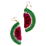 crocheted watermelon slice earrings made in Long Beach CA by Ceramwitch 