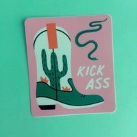 kick ass sticker with cowboy boot and snake