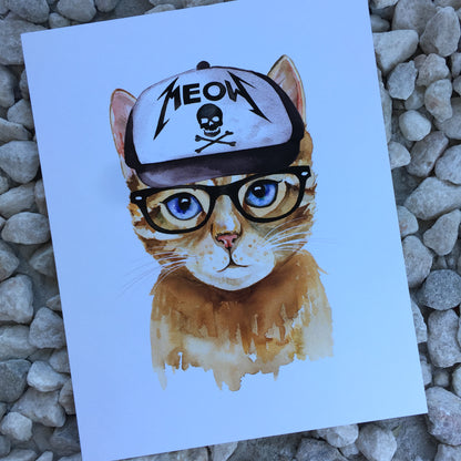 cat with heavy metal truckers cap art print