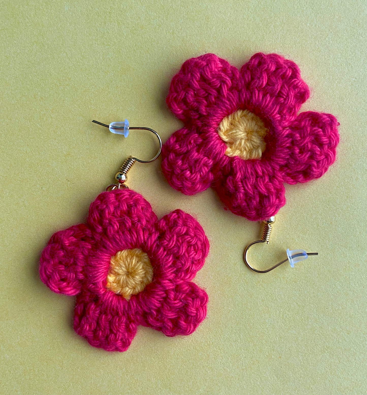 handmade crocheted flower dangle earrings by Ceramwitch