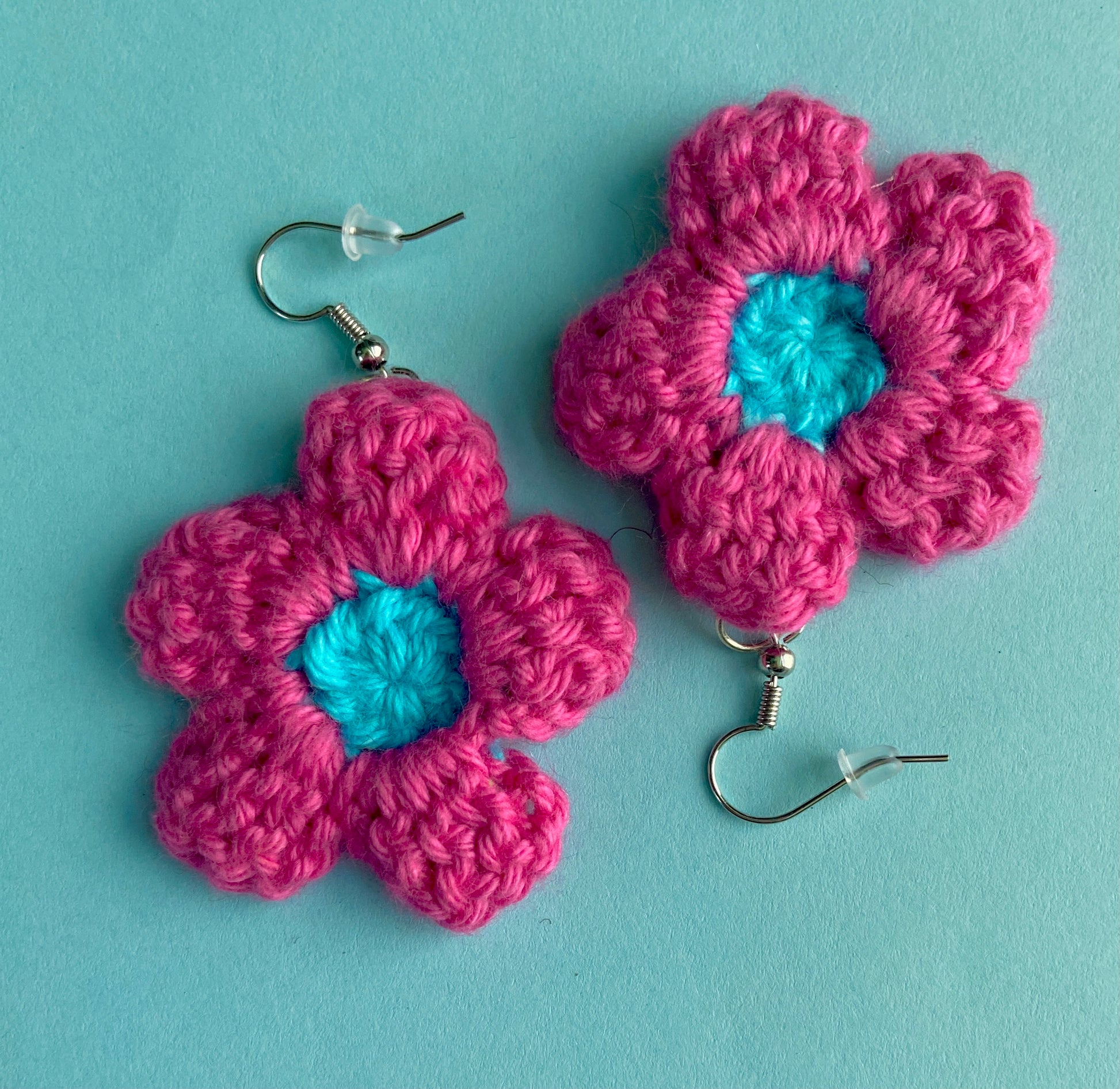 handmade crocheted flower dangle earrings by Ceramwitch