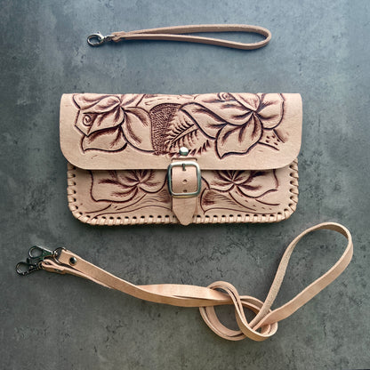 hand tooled leather clutch purse