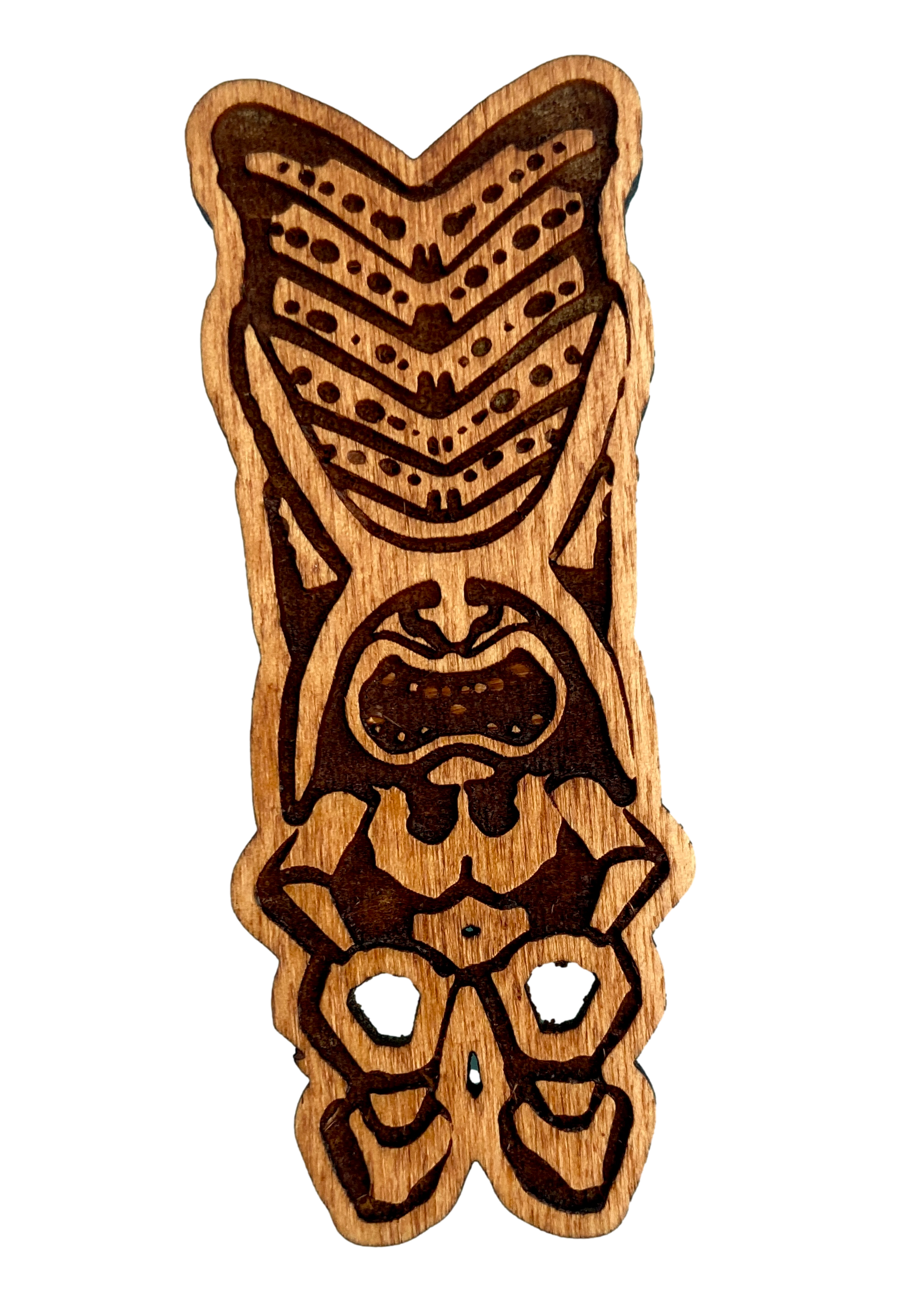 wooden laser-cut tiki god pin made in Long Beach, CA by artist Jennifer Janiak-Ross